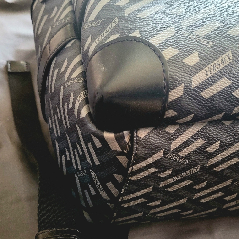 EUC Versace Coated Canvas Calfskin La Greca Signature Backpack Black and Grey - Picture 4 of 16